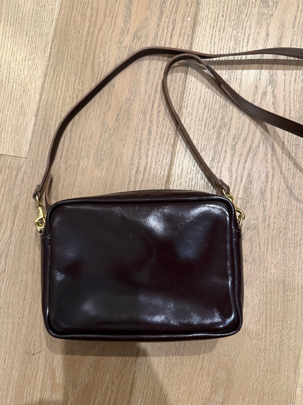 Claire V Dark Brown Patent Leather Crossbody with additional Chunky Silver Chain